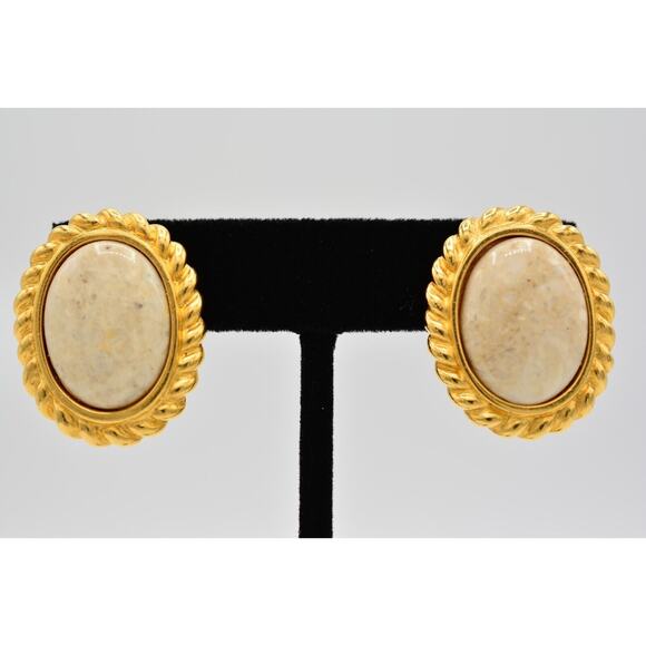 Monet Vintage Cabochon Clip Earrings Marble Stone Gold Tone Chunky Signed BinAG - Picture 1 of 12